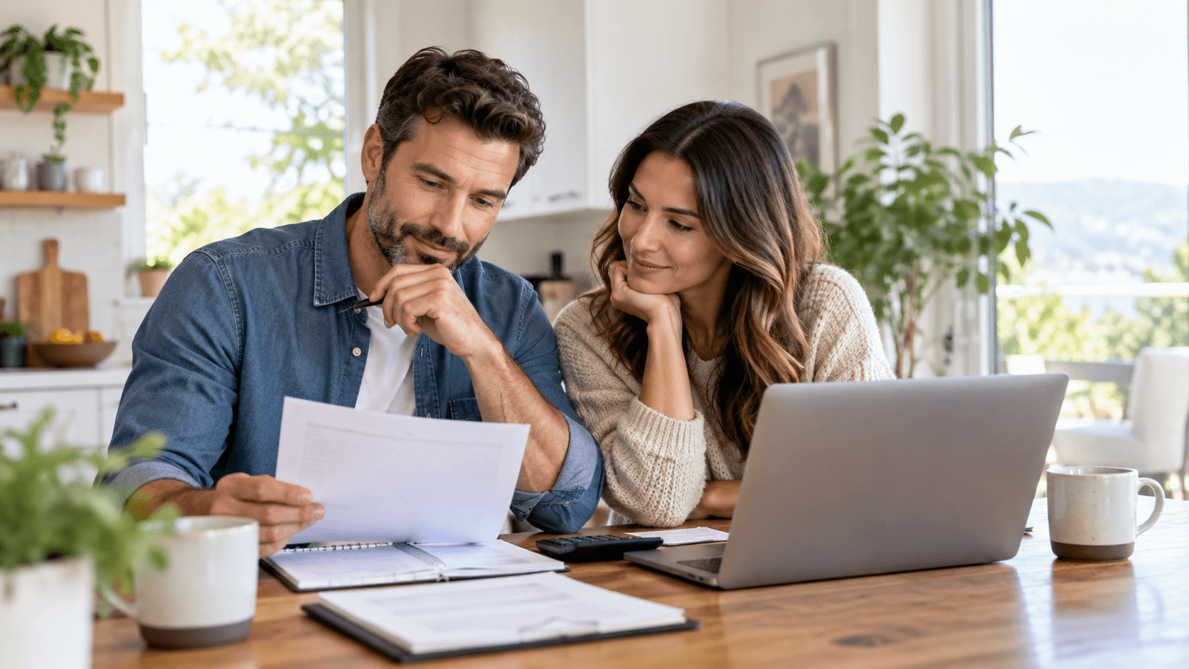 A couple reviewing finances together at a table with paperwork, a laptop, and a calculator.