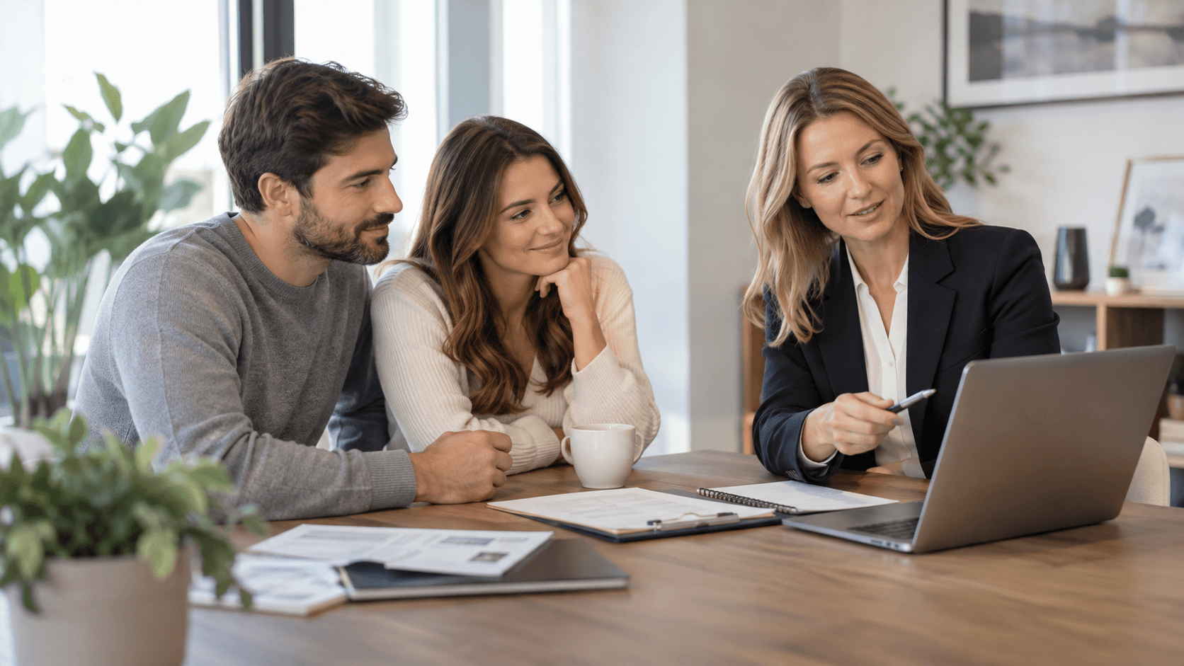 A couple reviewing mortgage information with a professional advisor at a laptop.