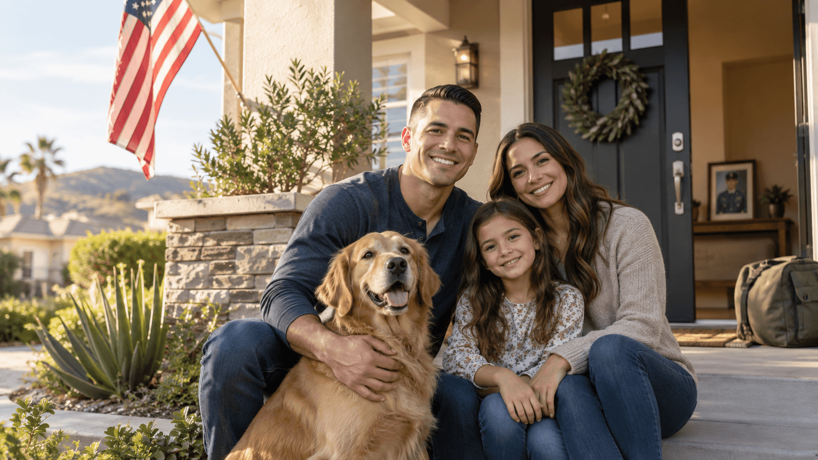 A veteran family at the front of their home with an American flag in warm evening light.
