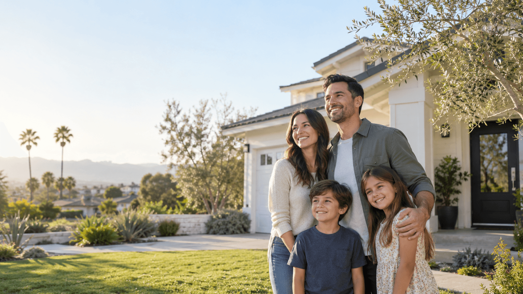 A family standing outside their new Southern California home in warm evening light.